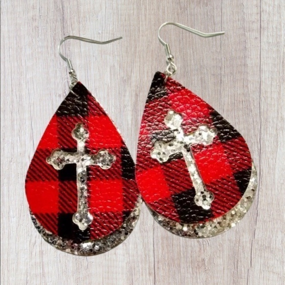 Plaid Christ Christmas Glitter Leather Earrings